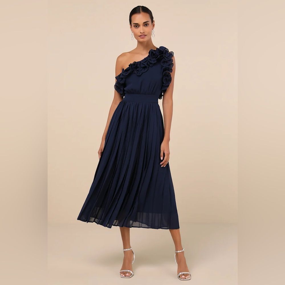 Lulus Splendid Charisma Navy Ruffled Pleated One-Shoulder Midi Dress